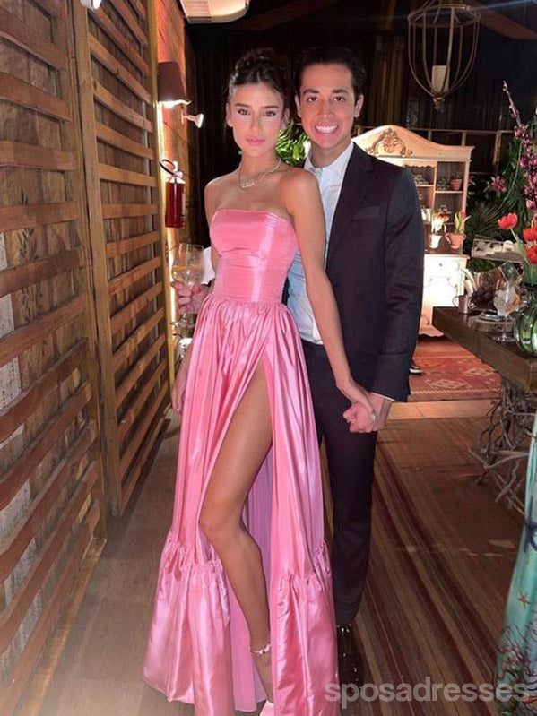 Strapless A-line Satin Evening Party Prom Dresses, Side Slit Newest 2021 Long Prom Dresses