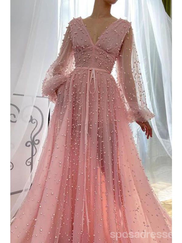 Cute Pink A-line V-neck Long Sleeves Maxi Long Party Prom Dresses,13276