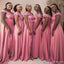 Pink Off Shoulder A-line Side Slit Cheap Long Bridesmaid Dresses Online,WG1659