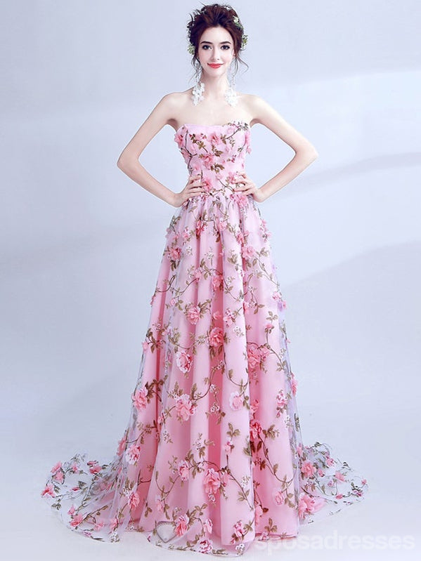 Cute Floral Pink A-line Sweetheart Long Prom Dresses Online, Dance Dresses,12750