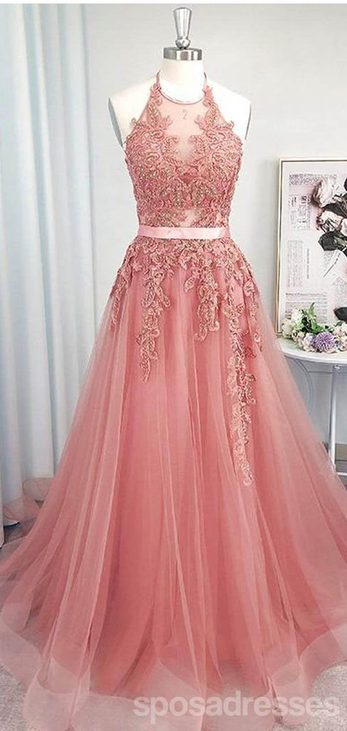 Pink Halter A-line Sleeveless Long Prom Dresses Online,Dance Dresses,12671