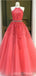 Floral Watermelon Red A-line Halter Sleevelesss Long Prom Dresses Online, Dance Dresses,12589