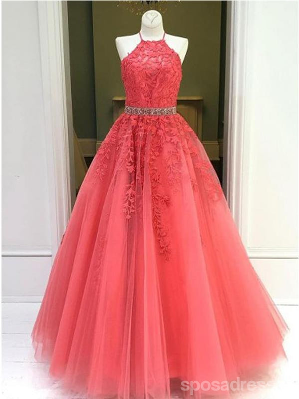Floral Watermelon Red A-line Halter Sleevelesss Long Prom Dresses Online, Dance Dresses,12589