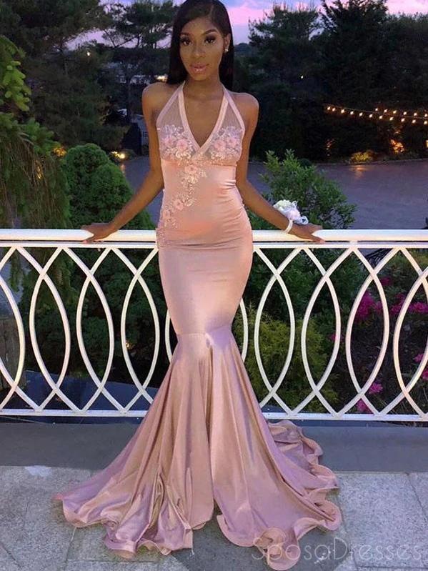 Mermaid Halter Pink Applique Long Prom Dresses, Sweet 16 Prom Dresses, SposaDresses Mermaid Halter Pink Applique Long Prom Dresses, Sweet 16 Prom Dresses, SposaDresses