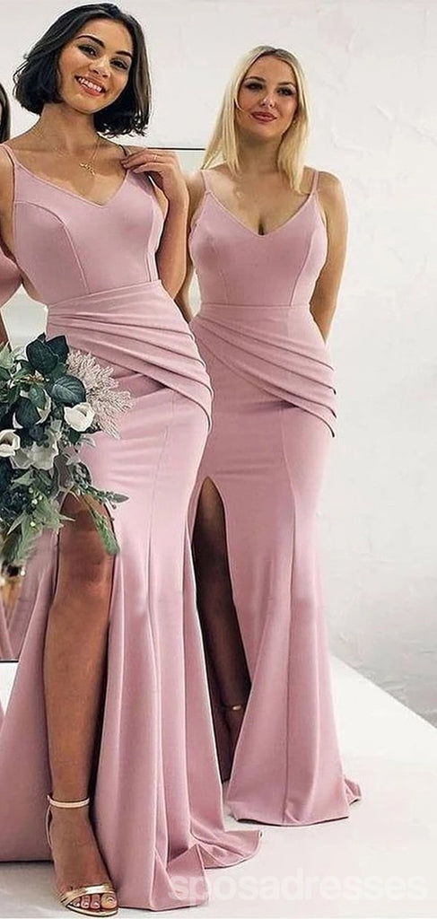 Pink Mermaid Spaghetti Straps High Slit V-neck Bridesmaid Dresses Gown, WG1034