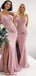 Pink Mermaid Spaghetti Straps High Slit V-neck Bridesmaid Dresses Gown, WG1034