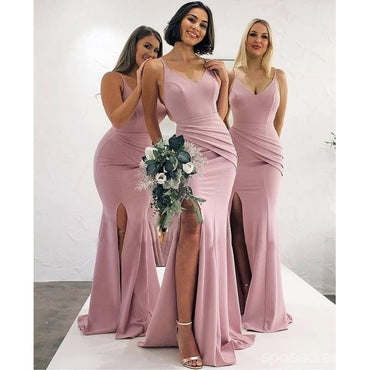 Pink Mermaid Spaghetti Straps High Slit V-neck Bridesmaid Dresses Gown, WG1034