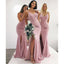 Pink Mermaid Spaghetti Straps High Slit V-neck Bridesmaid Dresses Gown, WG1034