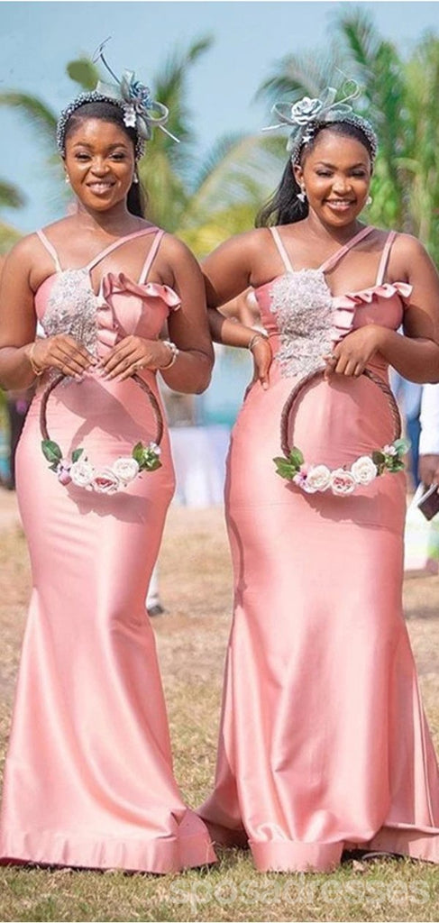 Pink Mermaid Spaghetti Straps Lace Applique Long Bridesmaid Dresses Online,WG1186