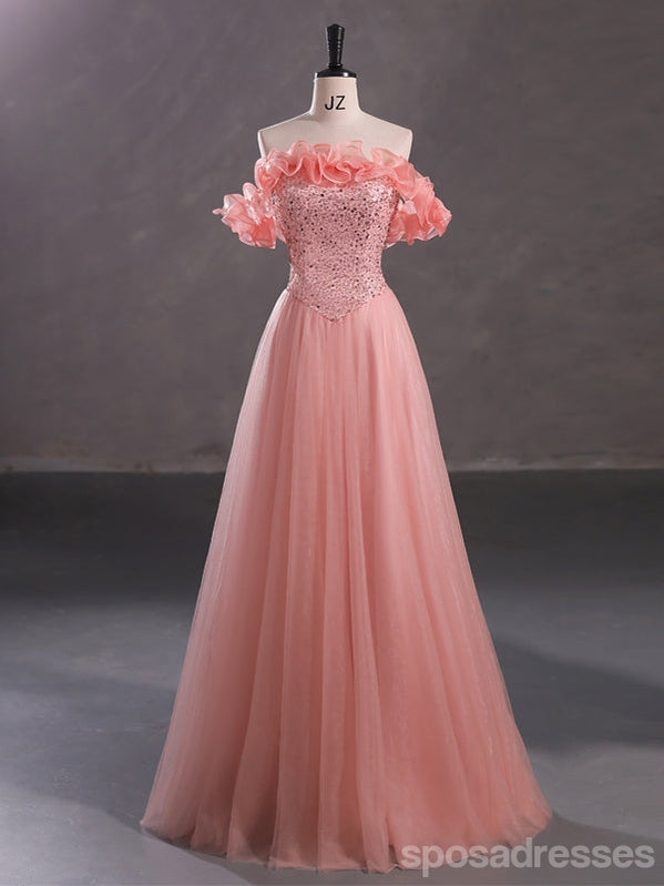 Cute Pink A-line Off Shoulder Cheap Long Prom Dresses Online,12997