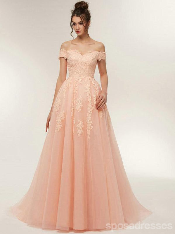 Pink A-line Off Shoulder Lace Applique Long Prom Dresses Online,Dance Dresses,12610