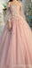 Pink A-line Off Shoulder Long Sleeves Floral Party Prom Dresses, Ball Gown Dresses,12531