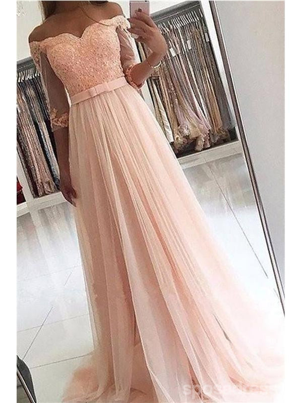 Pink A-line Off Shoulder 3/4 Sleeves Cheap Prom Dresses Online, Evening Dresses,12657