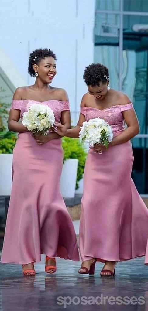 Sparkly Pink Off The Shoulder Sweetheart Cheap Long Bridesmaid Dresses Gown, WG1062