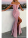 Dusty Pink Mermaid Off Shoulder V-neck High Slit Cheap Long Prom Dresses Online,12879