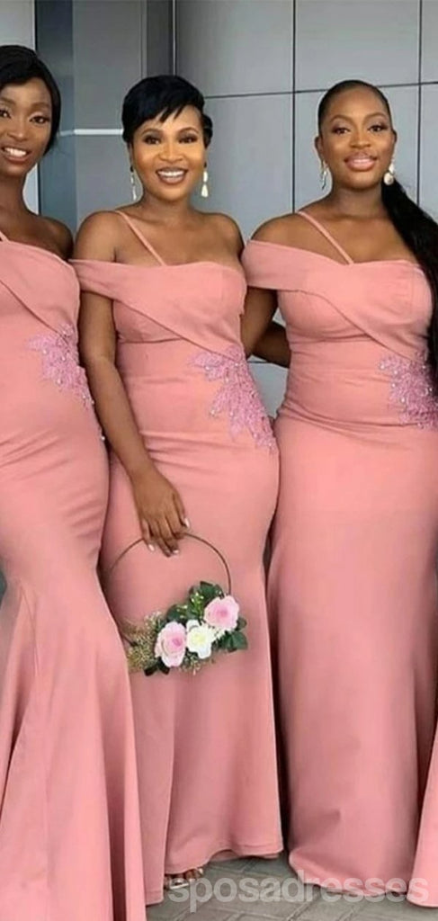 Pink One shoulder Mermaid Lace Applique Long Bridesmaid Dresses Gown Online,WG1101