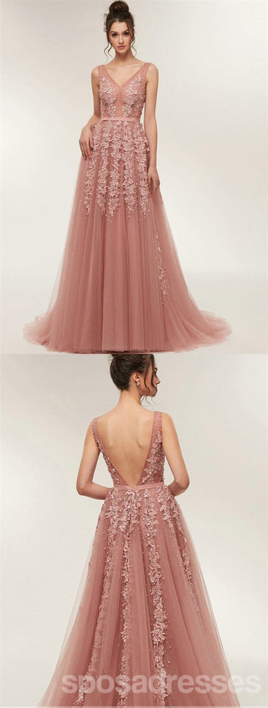 Pink A-line Backless V-neck Long Prom Dresses Online,Dance Dresses,12625