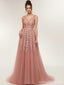 Pink A-line Backless V-neck Long Prom Dresses Online,Dance Dresses,12625