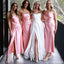 Pink Sheath Spaghetti Straps High Slit Cheap Bridesmaid Dresses,WG1544