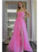 Pink A-line Spaghetti Straps High Slit Cheap Long Prom Dresses,12833