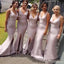 Pink Mermaid Spaghetti Straps High Slit V-neck Long Bridesmaid Dresses Gown Online,WG1098