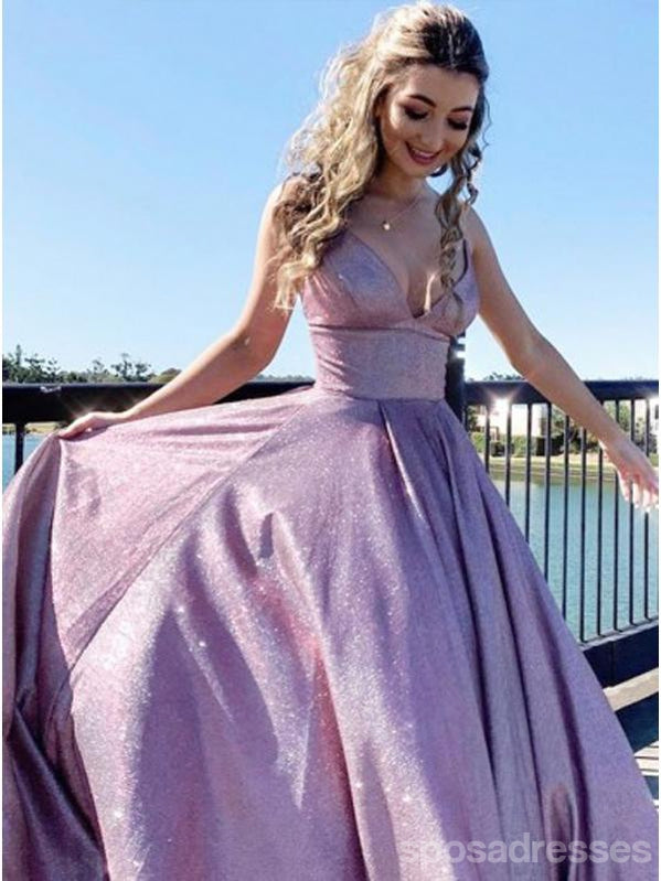 Pink A-line Spaghetti Straps V-neck Long Party Prom Dresses, Dance Dresses,12551
