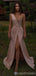 Pink A-line Straps High Slit Cheap Long Prom Dresses Online, Dance Dresses,12621