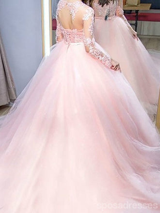 Pink A-line Long Sleeves Jewel Cheap Long Prom Dresses,Evening Party Dresses,12829