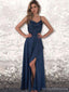 Navy Blue A-line Spaghetti Straps High Slit Long Prom Dresses Online,12611