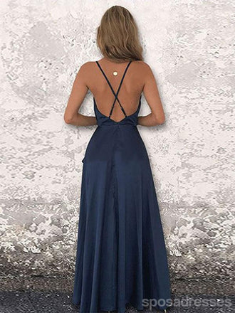 Navy Blue A-line Spaghetti Straps High Slit Long Prom Dresses Online,12611