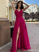 Red A-Line Spaghetti Straps V-Neck High Slit Long Prom Dresses Online,12631