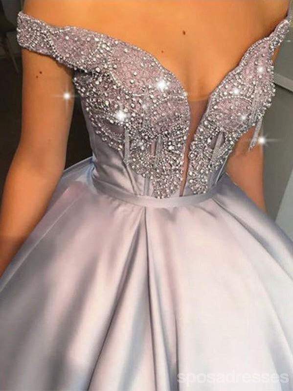 Sparkly Silver A-line Off Shoulder V-neck Long Prom Dresses Online,Dance Dresses,12619