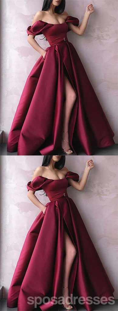 Burgundy A-line Off Shoulder High Slit Cheap Long Prom Dresses Online,12618