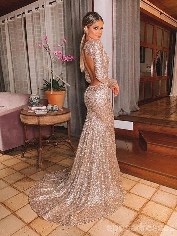 Sexy Mermaid Champagne Long Sleeves V-neck Cheap Prom Dresses Online,12585