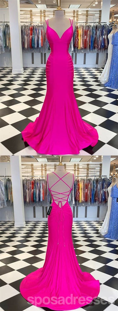 Hot Pink Mermaid Spaghetti Straps V-Neck Backless Long Prom Dresses Online,12630