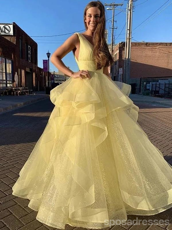 Yellow A-line Sleeveless V-neck Long Prom Dresses Online,Dance Dresses,12591