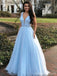 Sky Blue A-line Straps V-neck Long Prom Dresses Online, Dance Dresses,12608