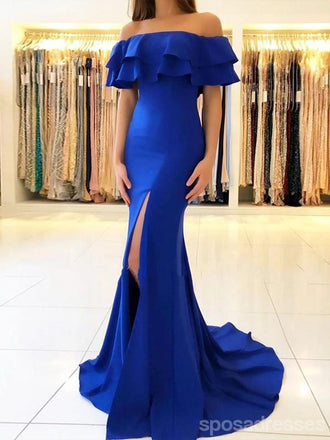 Sexy Mermaid Royal Blue Off Shoulder High Slit Long Prom Dresses Online,12603