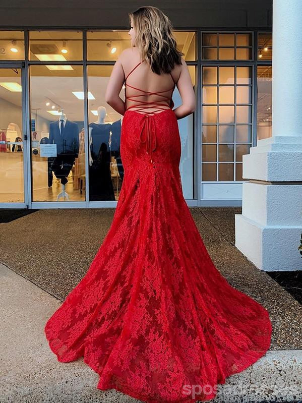 Red Mermaid Spaghetti Straps V-Neck Backless Long Prom Dresses Online,12632