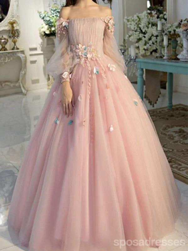 Pink A-line Off Shoulder Long Sleeves Floral Party Prom Dresses, Ball Gown Dresses,12531