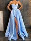 Simple Light Blue A-line Spaghetti Straps High Slit Cheap Long Prom Dresses Online,12574