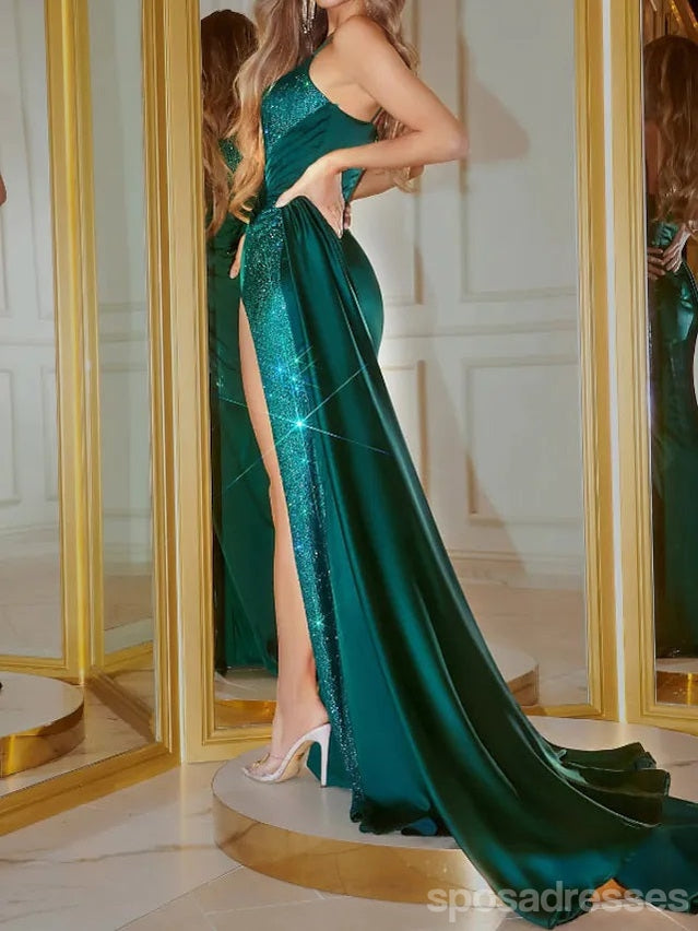 Sexy Green Sheath Spaghetti Straps High Slit Long Prom Dresses,13033
