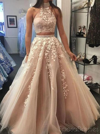 Two Pieces Applique Sleeveless Long Prom Dresses, Sweet 16 Prom Dresses, 12511