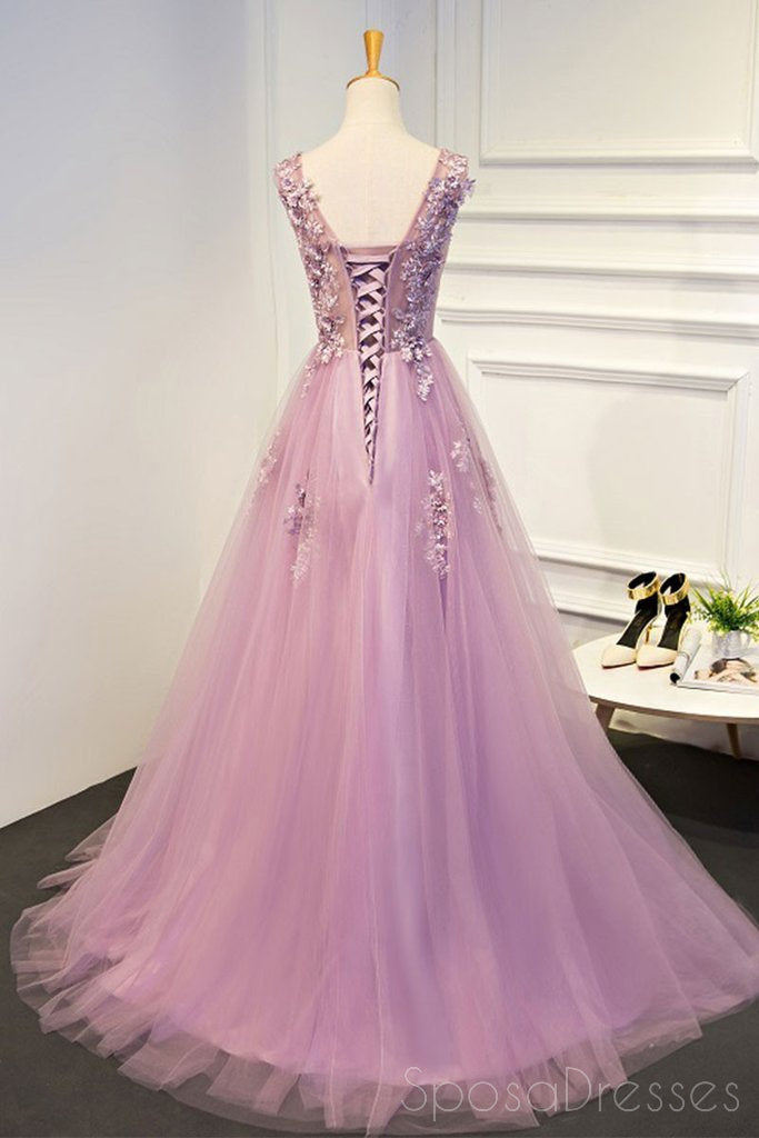 Pink Lace Beaded A line Tulle Evening Prom Dresses, Cheap Party Prom Dresses, 17142