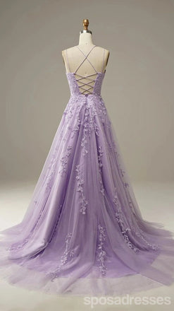 Purple A-line Spaghetti Straps Backless Cheap Long Prom Dresses Online,12813