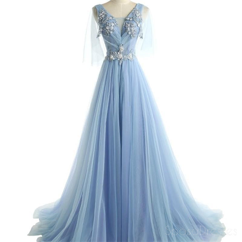 Two Straps V Neckline Light Blue Lace Beaded Unique Long Evening Prom ...