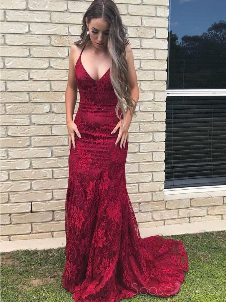 Sexy Backless Red Mermaid Lace  Long Evening Prom Dresses, 17688