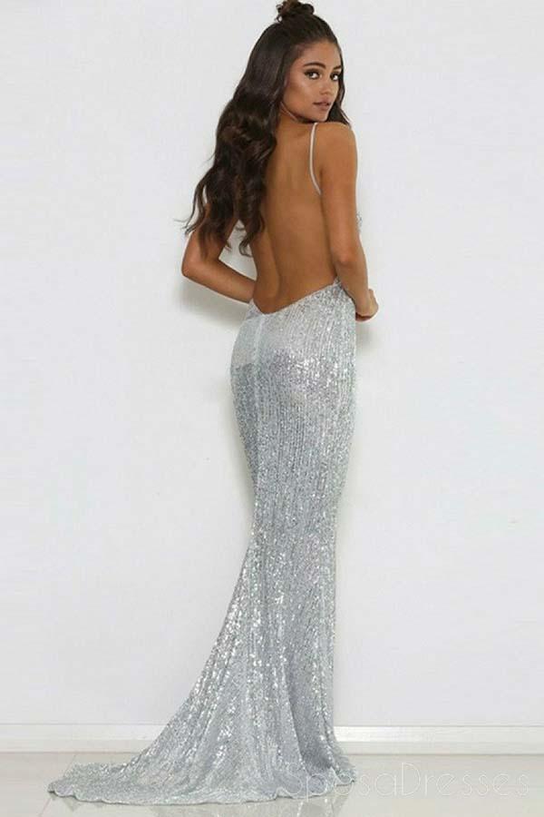Sexy Backless Silver Sparkly Mermaid Long Evening Prom Dresses, 17659
