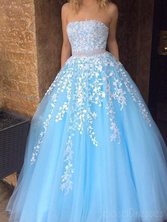 Straight Lace Beaded Blue A-line Long Evening Prom Dresses, Cheap Sweet 16 Dresses, 18378