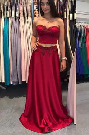 Sexy Two Pieces Strapless Red Long Evening Prom Dresses, 17710